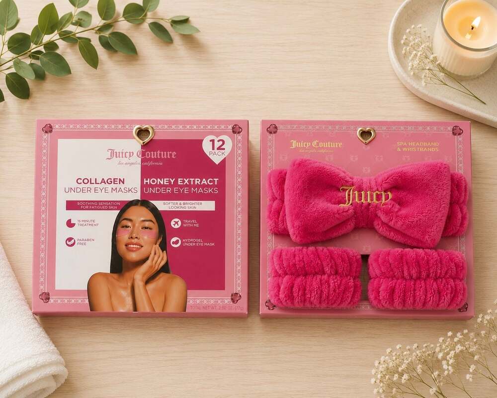 Juicy Couture Spa Headband, Wristbands, and 12-Pack Under Eye Mask Set